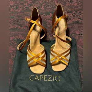 Capezio ballroom Latin shoes & brand bag. Caramel w/nude mesh & release hooks.